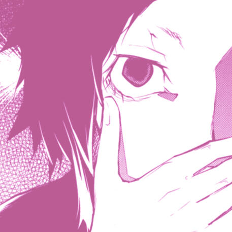 up close of the upper left side of akutagawa's face, his hand covering the lower half, and edited so everything is pink.