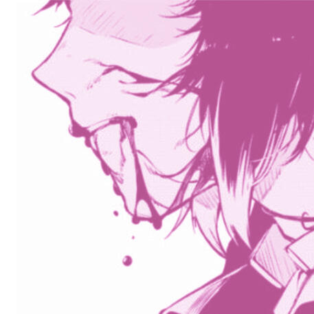 up close of akutagawa's mouth at a profile with him facing left. there is blood dripping from his mouth and down his chin.